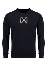 Navy Sweatshirt aus Baumwollmischung mit metallischem Logo auf der Brust, gerippten Bündchen und einer Tasche am linken Arm.