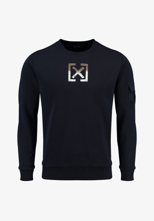 Navy Sweatshirt aus Baumwollmischung mit metallischem Logo auf der Brust, gerippten Bündchen und einer Tasche am linken Arm.