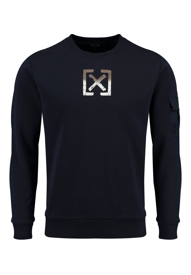 Navy Sweatshirt aus Baumwollmischung mit metallischem Logo auf der Brust, gerippten Bündchen und einer Tasche am linken Arm.