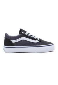 Zapatillas de lona en negro y gris con acentos blancos, superficies texturizadas y suela de goma. Presentan un diseño clásico de caña baja y cierres con cordones.