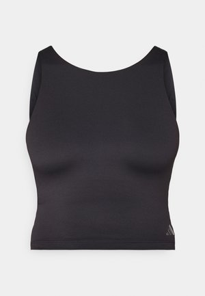 Top sportivo nero a maniche corte realizzato in tessuto liscio ed elastico, con scollatura rotonda. Presenta un discreto dettaglio del logo.