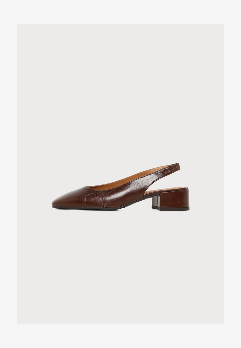 Καφέ δερμάτινο παπούτσι slingback με μυτερή μύτη και χαμηλό τετράγωνο τακούνι σε απλό ανοιχτό φόντο.