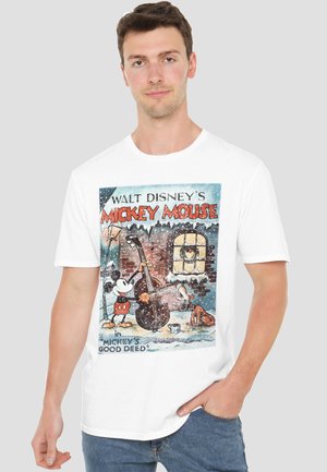 White cotton t-shirt featuring a vintage Disney Mickey Mouse illustration, with colorful graphics and text reading "Mickey’s Good Deed."
