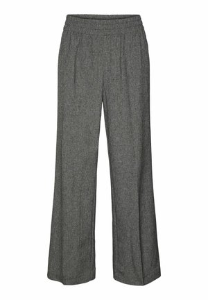 Sive široke hlače s elastičnom waistband-om, sa teksturiranim materijalom. Noge hlača su ravnog kroja i pune dužine.