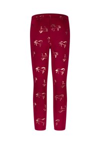 Rode leggings met een herhaald gouden paardenpatroon, gemaakt van een zachte, rekbare stof, met een aansluitend ontwerp en een enkel-lange snit.