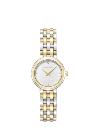 Tweekleurige goud- en zilverkleurige Cerruti 1881 polshorloge met een gestructureerde witte wijzerplaat, minimalistische markers en een gekoppelde metalen armband.