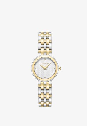 Tweekleurige goud- en zilverkleurige Cerruti 1881 polshorloge met een gestructureerde witte wijzerplaat, minimalistische markers en een gekoppelde metalen armband.