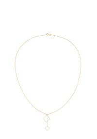 Guld kæde halskæde med to geometriske vedh�æng, et kvadratisk og et diamantformet, med en sølvaccent. Fingertynd kabel links design.