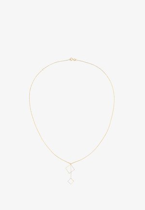 Kuldne kaelakee, millel on kaks geomeetrilist ripatsit: üks ruudukujuline ja teine teemantkujuline, hõbedaste aktsentidega. Peen kaablilinkide disain.