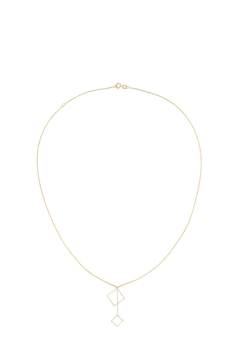 Guld kæde halskæde med to geometriske vedhæng, et kvadratisk og et diamantformet, med en sølvaccent. Fingertynd kabel links design.