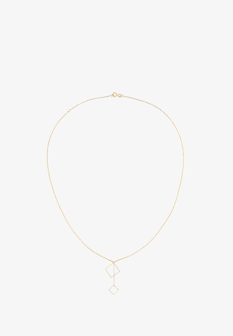 Guld kæde halskæde med to geometriske vedhæng, et kvadratisk og et diamantformet, med en sølvaccent. Fingertynd kabel links design.