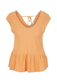 Peplum top in light orange, featuring a V-neck and short sleeves with a tie at the back. Made of soft, lightweight fabric with a relaxed fit.