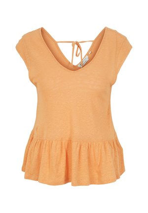 Peplum-tops in lichtoranje, met een V-hals en korte mouwen, voorzien van een strik aan de achterkant. Gemaakt van zachte, lichte stof met een comfortabele pasvorm.