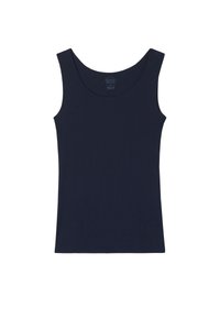 Námořnicky modrý top bez rukávů s širokým kulatým výstřihem a tenkými ramínky. Vyrobený z měkké, pružné látky s bezšvým designem pro pohodlí.