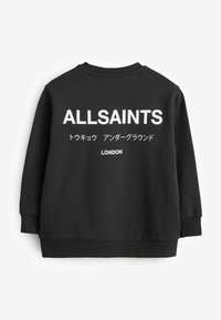 Felpa nera con colletto rotondo, caratterizzata da un testo bianco audace sulla schiena: "ALLSAINTS," con testo aggiuntivo in giapponese e "LONDRA."