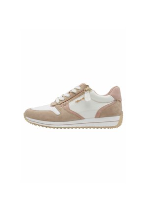 Trainer shoe featuring a white, pink, and beige suede exterior, a textured rubber sole, and a side zipper detail with a decorative tag.