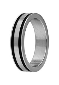 Metallring mit einer polierten Silberoberfläche, der zwei schwarze Streifen aufweist. Glatte Oberfläche mit abgerundetem Innenrand, robustes Design.
