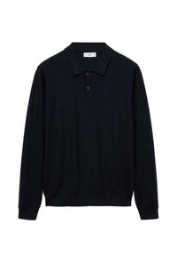 Schwarzes Langarm-Poloshirt aus strukturiertem Strickstoff mit einer geknöpften Leiste und klassischem Kragen.