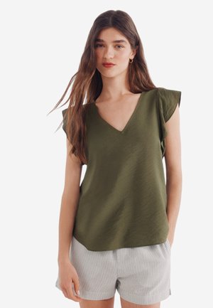 Olive green short-sleeve top with a V-neck, featuring ruffled shoulder accents and a relaxed fit, made from a lightweight fabric.