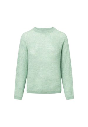 Pull léger vert en maille douce et texturée. Il présente un col rond et de longues manches. Coupe légèrement ample avec de discrètes rayures horizontales.