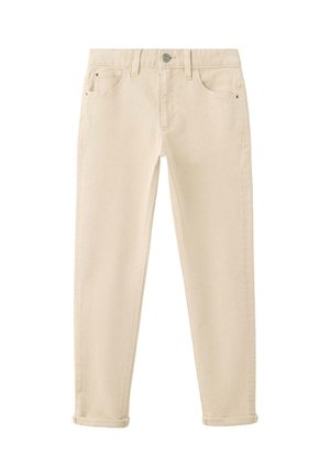 Beige Freizeithose mit aufgerolltem Saum, vorderem Knopf- und Reißverschluss, zwei Vordertaschen und Gürtelschlaufen.