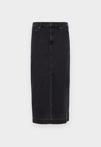Fustă midi din denim negru, cu croi drept, având închidere cu butoni în față, buzunare laterale și margine brută. Textură netedă și design clasic.