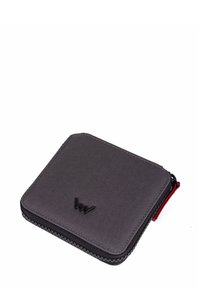 Gray fabric wallet with rounded corners, black logo accent, red zipper pull, and contrasting stitching along the edges. Compact rectangular shape.