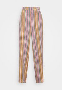 Höga byxor med ett zickzackmönster i rosa, gult och blå nyanser; tillverkade av lätt material; raka ben.