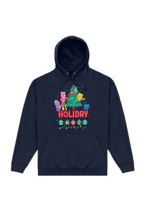 Marine hoodie med et farverigt grafisk design med et juletræ og tegneserie-bjørne, "Holiday Cheer" tekst i fed skrift og dekorative lys.