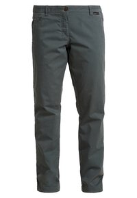 Tummanharmaat chinot suoran lahkeisena, valmistettu pehmeästä puuvillakankaasta, jossa on etunapitus, sivutaskut ja minimalistinen muotoilu.