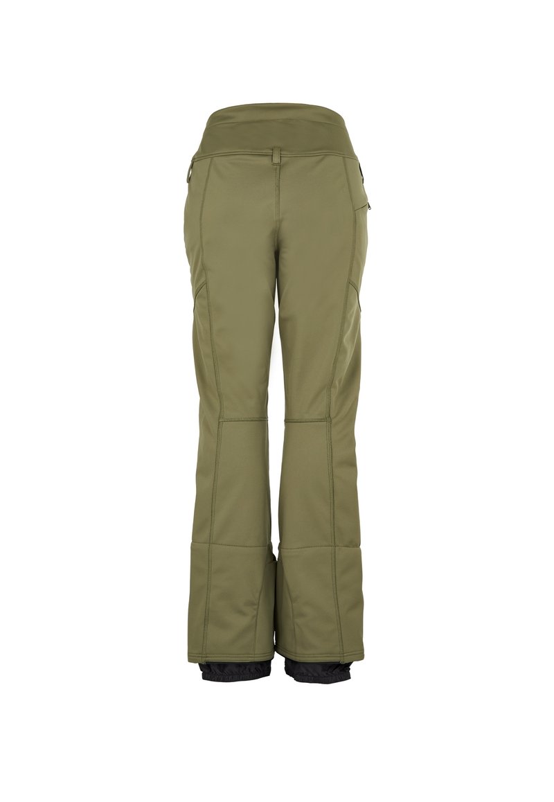 Olivgrüne Skihosen mit tailliertem Schnitt, ausgestellten Beinen, flachen Nähten und elastischen Bündchen. Verfügt über Seitentaschen für Stauraum.