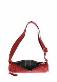 Borsa a tracolla rossa realizzata in tessuto testurizzato, dotata di una tracolla regolabile e di un compartimento principale con zip, con una fodera interna a motivo.