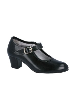Zapato Mary Jane de cuero negro con tacón bajo y grueso y correa ajustable con hebilla en la parte superior.