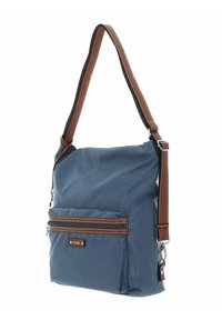 Sac d'épaule en nylon bleu marine avec des accents en cuir marron, doté d'une bandoulière ajustable, d'une poche zippée à l'avant et de détails de couture contrastés.