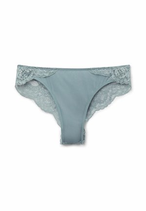 Light blue thong with a smooth front and intricate lace trim along the edges, featuring floral patterns and a soft texture.