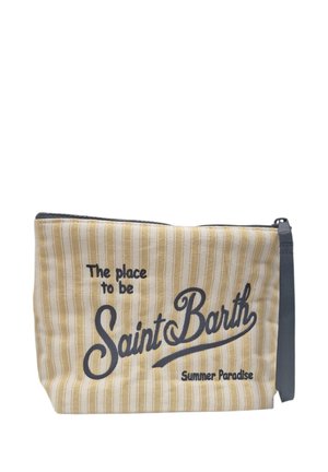 Piccola pochette beige e bianca a righe con cerniera, con testo nero che recita "The place to be Saint Barth Summer Paradise" e cerniera nera.