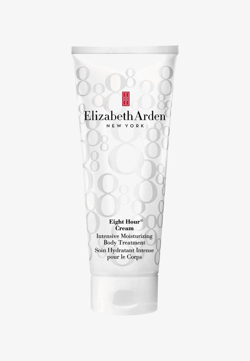 Biała plastikowa tubka z szarymi okrągłymi wzorami, oznaczona jako "Krem Ośmiogodzinny". Zawiera intensywną pielęgnację nawilżającą do ciała. Zakrętka na twist.