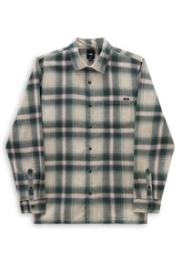 Košile na knoflíky z flanelové látky v krémové barvě se zeleným a námořnicky modrým károvaným vzorem; má náprsní kapsu a černé knoflíky.