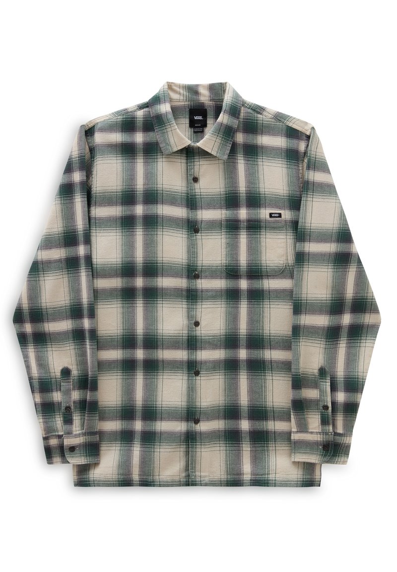 Košile na knoflíky z flanelové látky v krémové barvě se zeleným a námořnicky modrým károvaným vzorem; má náprsní kapsu a černé knoflíky.