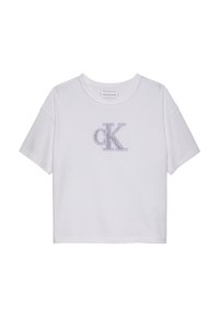 T-shirt bianco in cotone con maniche corte, collo a giro, e un logo "CK" in tessuto viola sulla parte anteriore. Tessuto liscio con una vestibilità morbida.