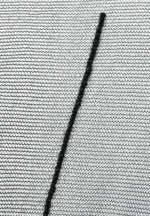 Zbliżenie czarnego puszystego drucika kreatywnego ułożonego ukośnie na białym tle z siateczkowym wzorem.