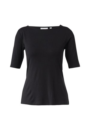 Czarny krótki top z szerokim dekoltem w łódkę. Wykonany z miękkiego, elastycznego materiału o dopasowanym kroju, bez widocznych wzorów ani zdobień.