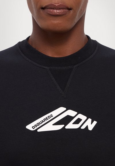 Black sweatshirt with a crew neckline, featuring a white printed logo "DSQUARED2 ICON" across the front, and visible stitching details.