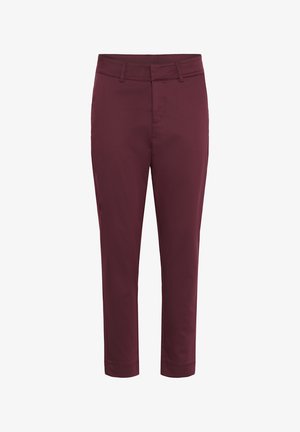 Burgundy tailored trousers with a smooth texture, straight fit, and front pockets. Features a belt loop waistband and hemmed cuffs.