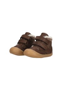 Brune læderstøvler til småbørn med fuzzy foring, dobbelt velcro-lukning og gummisåler. Rund tå og kontrasterende syninger.