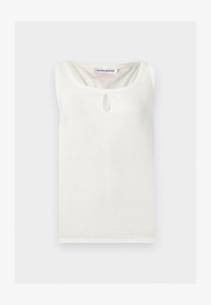 Bílý tílko bez rukávů s kulatým výstřihem a malým průstřihem pod límcem, označené značkou Victoria Beckham.