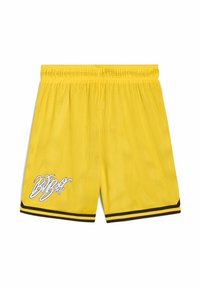 Gule mesh shorts med elastisk talje, sorte detaljer ved kanten og et hvidt grafisk logo på venstre ben.