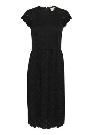 Juoda nėriniuota suknelė su apvaliu kaklu ir trumpomis pūstomis rankovėmis. Suknelė turi prigludusią liemenę ir platėjančią sijoną su banguotu kraštu.