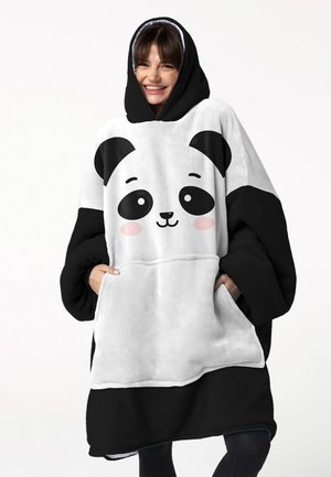 Ylikokoinen mustavalkoinen pehmeä huppari, jossa on pandanaama-kuvio, suuri etutasku, pehmeä rakenne ja huppu. Sisältää vaaleanpunaiset posket ja mustat yksityiskohdat.