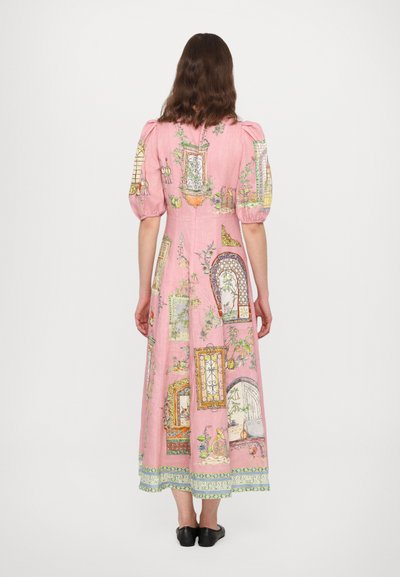 Long pink dress with puff sleeves, featuring a repeated window and floral print, accented by a decorative hem and light texture.
